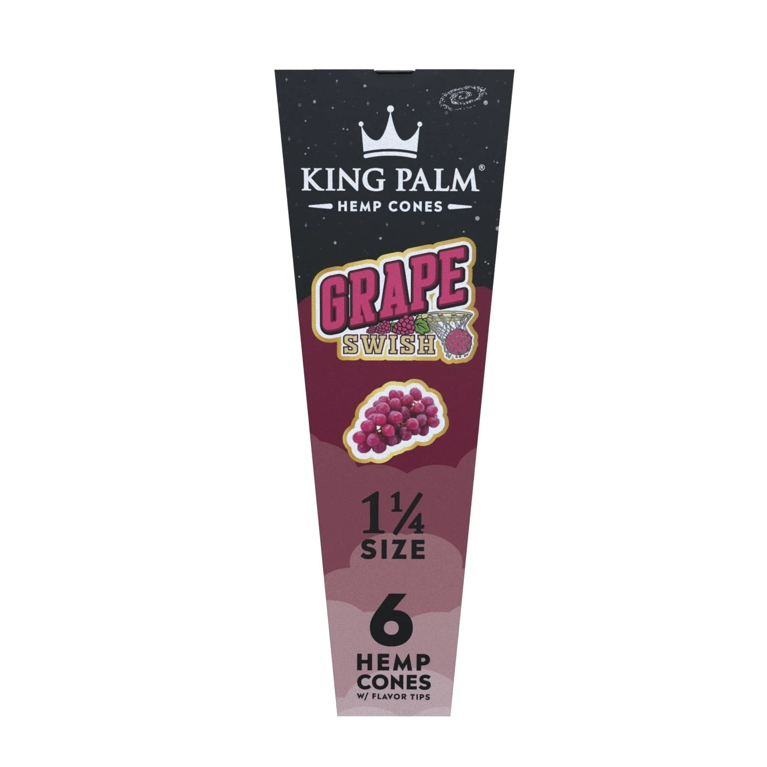 King Palm Hemp Cones Grape Swish – schmale Hochformat-Verpackung in Schwarz-Weinrot mit Traubenillustration und Basketballkorb-Logo, 6 Hemp Cones in 1¼ Size mit Flavor Tips